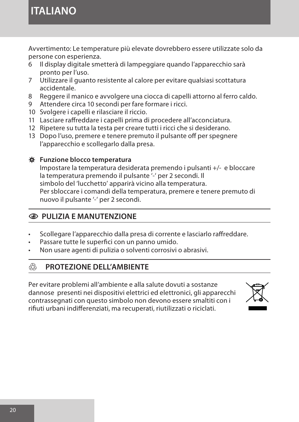 Italiano | Remington CI96W1 User Manual | Page 20 / 68