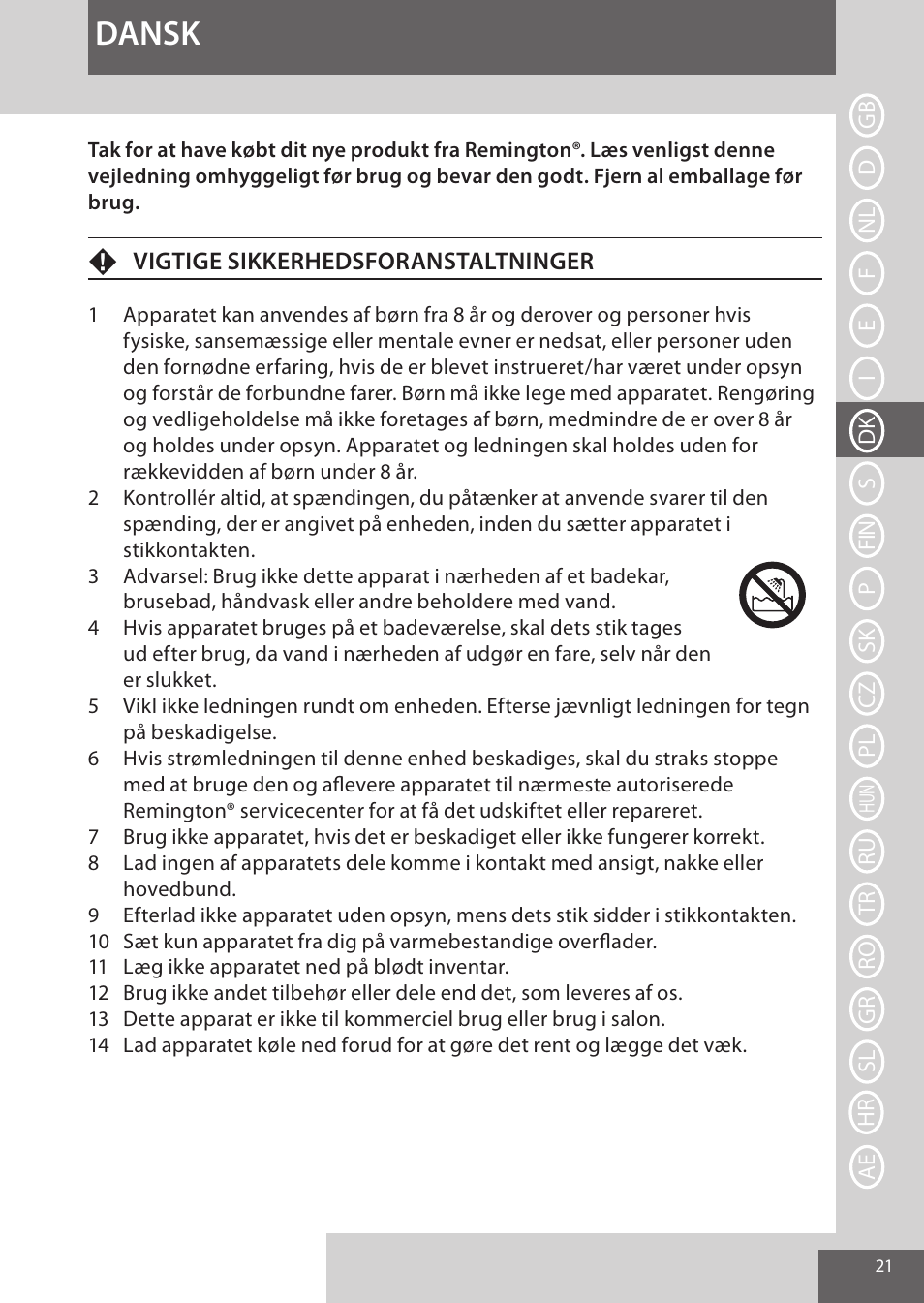 Dansk | Remington CI96W1 User Manual | Page 21 / 68