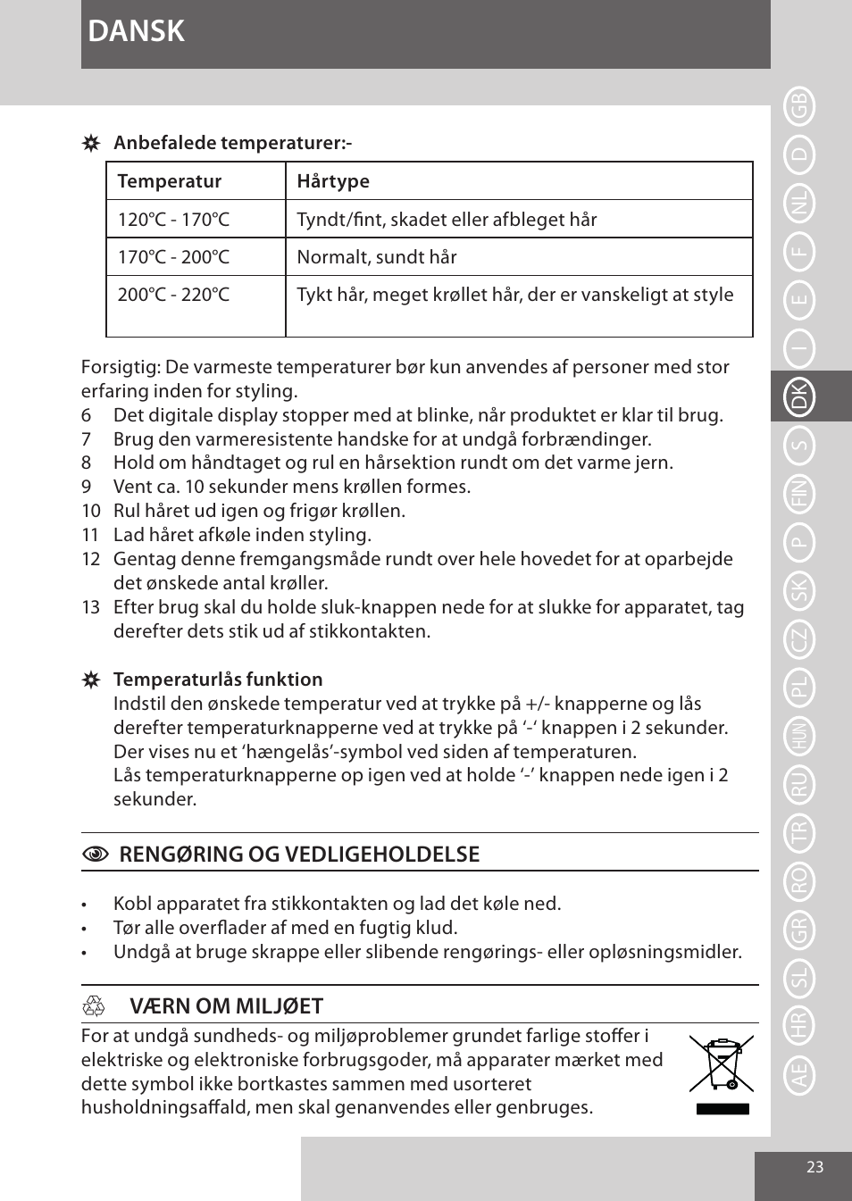 Dansk | Remington CI96W1 User Manual | Page 23 / 68