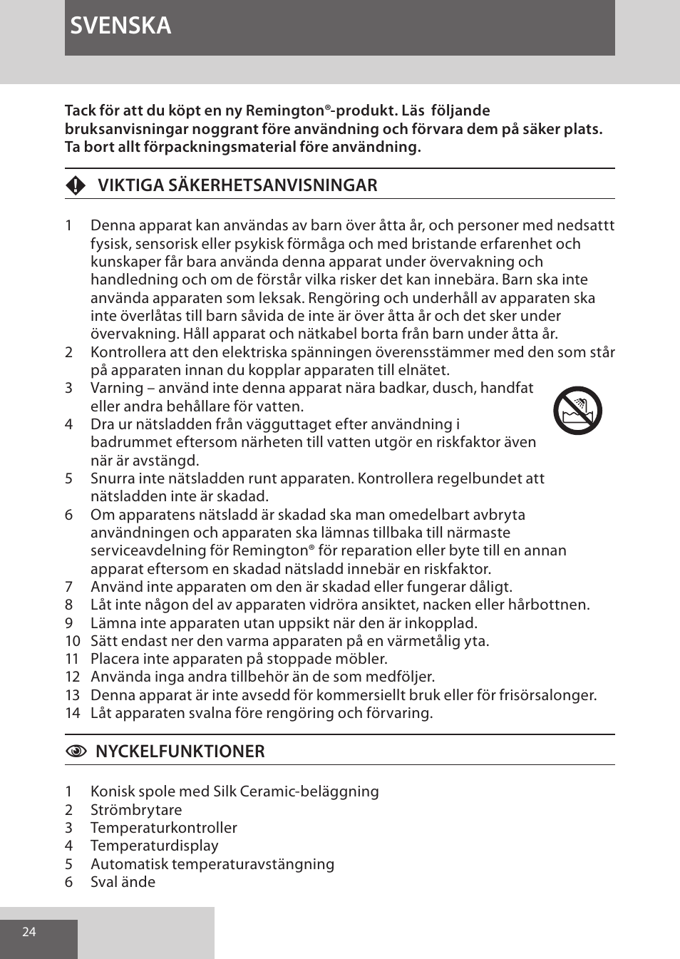 Svenska | Remington CI96W1 User Manual | Page 24 / 68