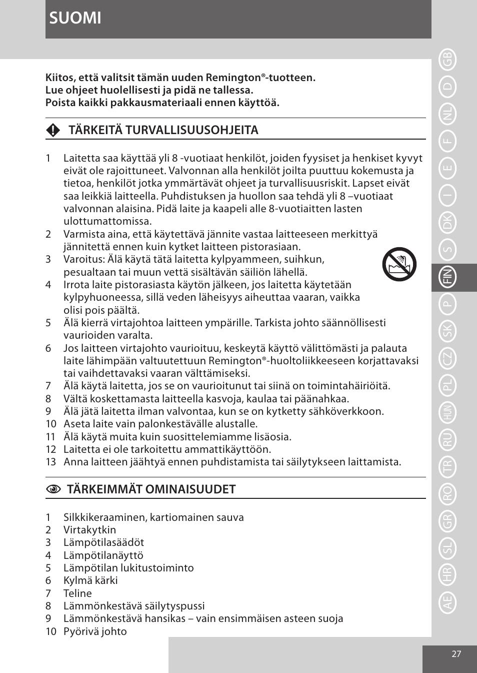 Suomi | Remington CI96W1 User Manual | Page 27 / 68