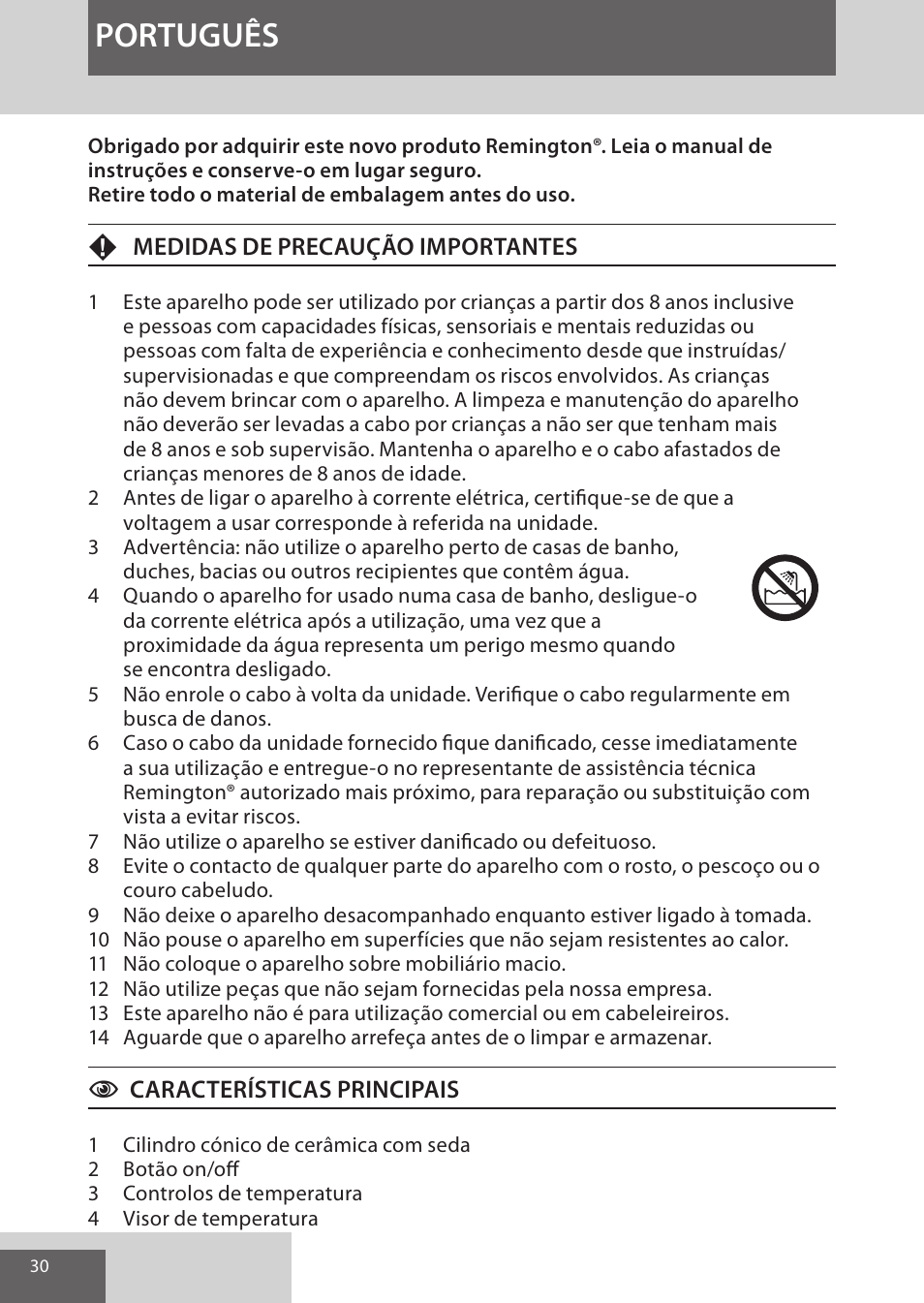 Português | Remington CI96W1 User Manual | Page 30 / 68