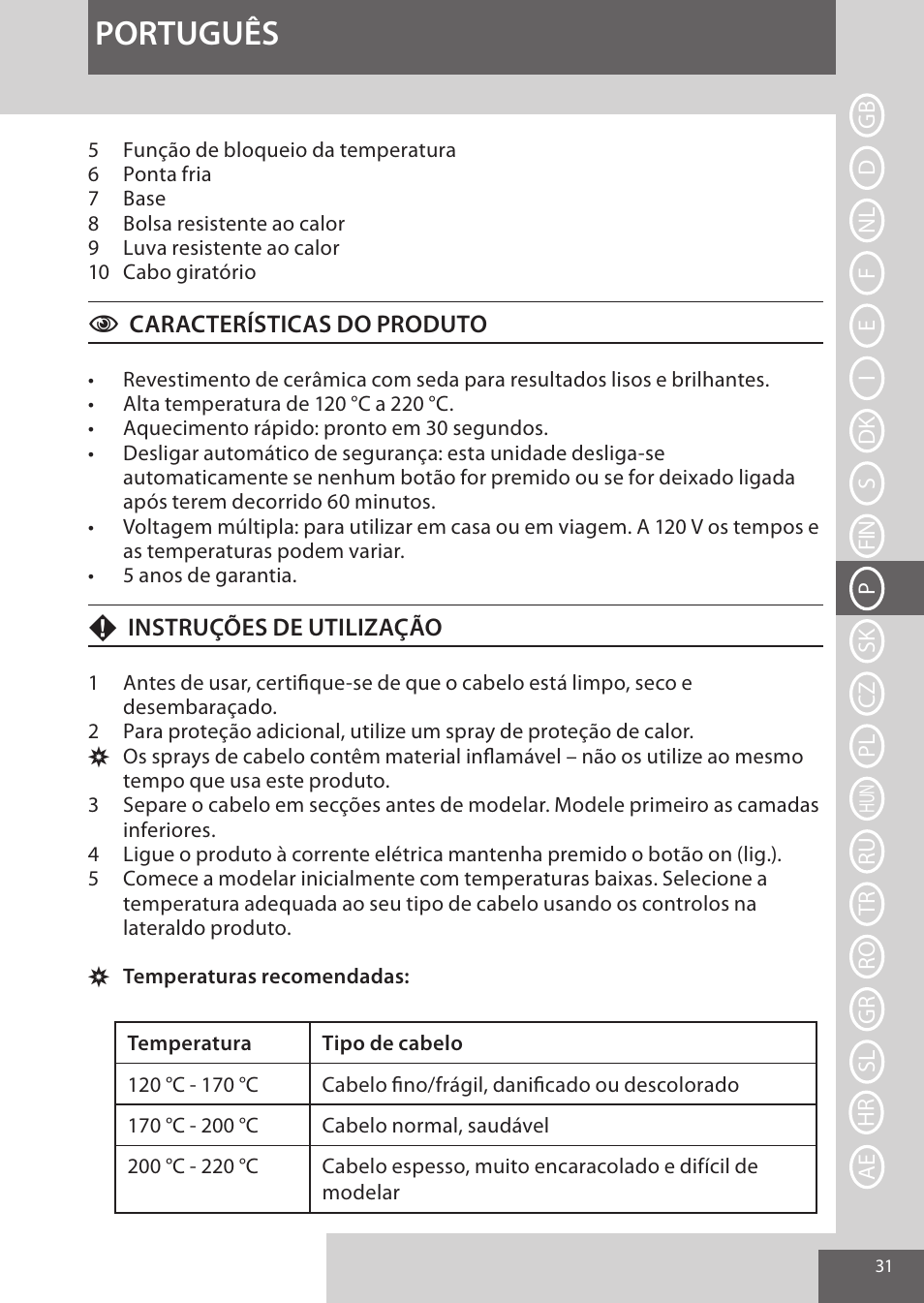 Português | Remington CI96W1 User Manual | Page 31 / 68