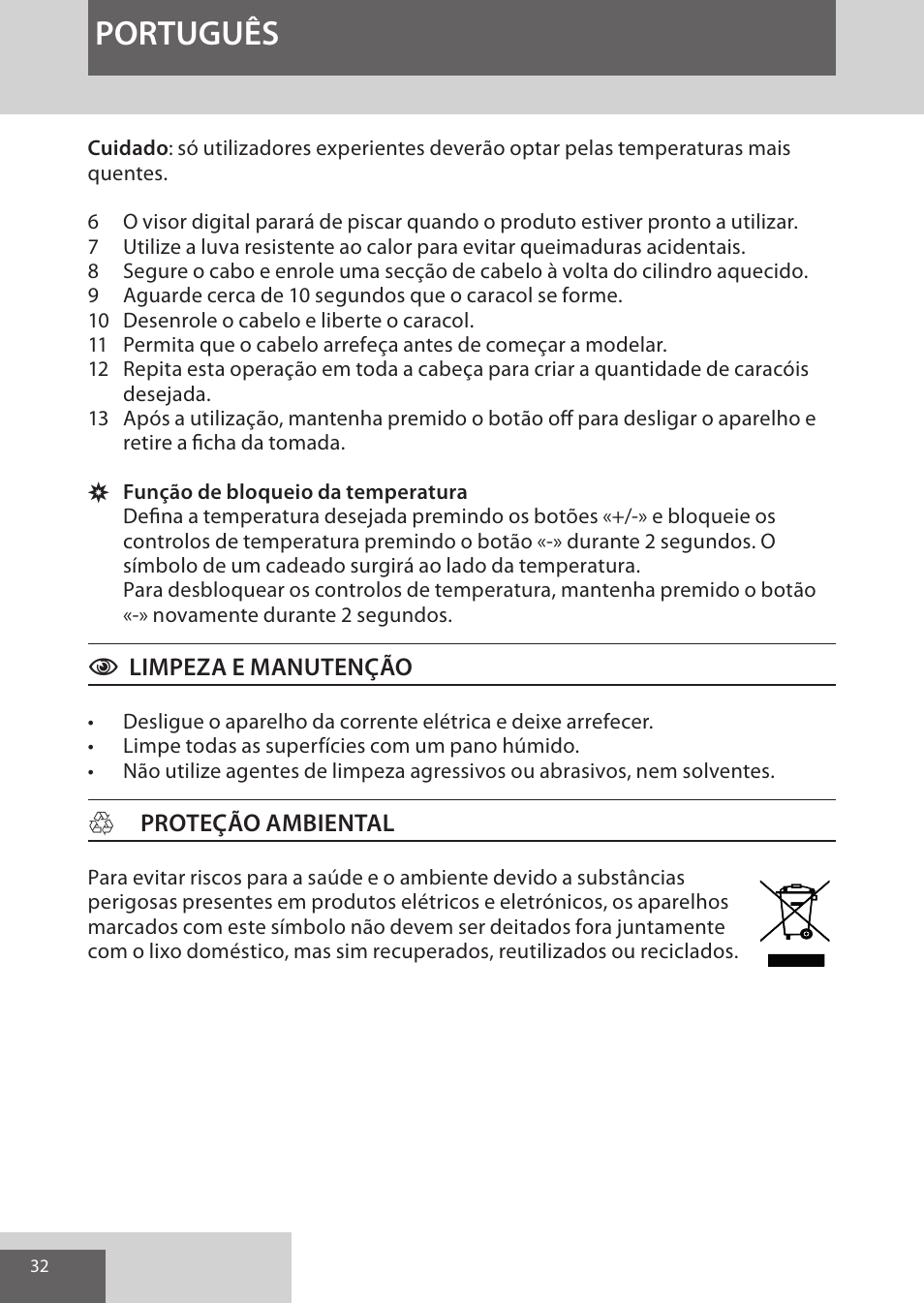 Português | Remington CI96W1 User Manual | Page 32 / 68