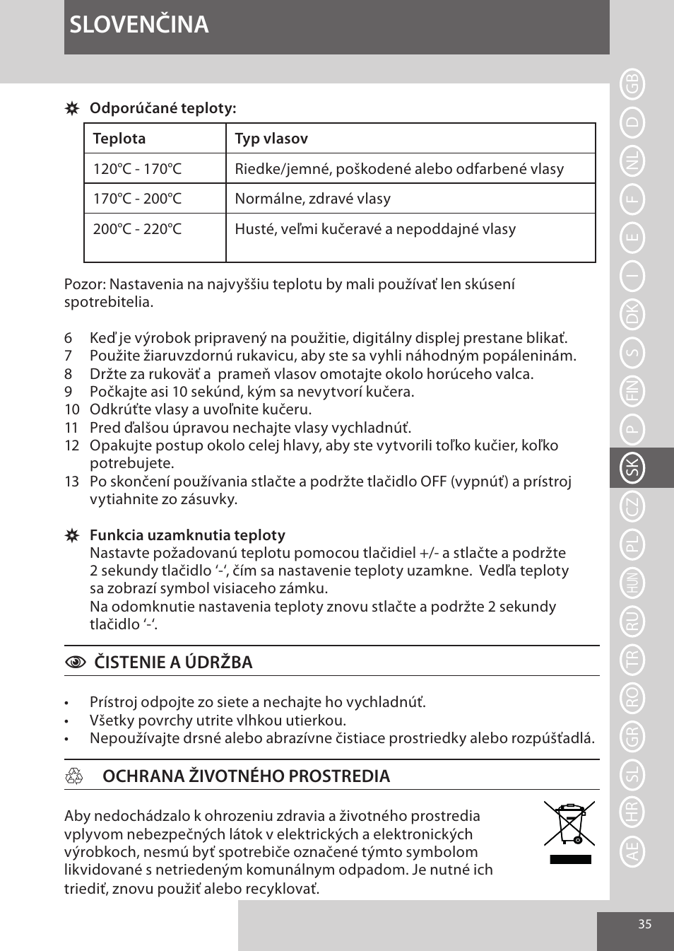 Slovenčina | Remington CI96W1 User Manual | Page 35 / 68
