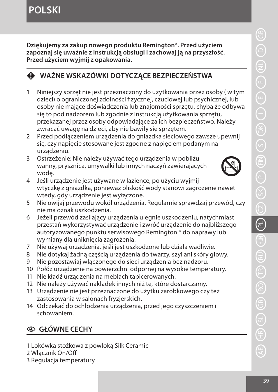 Polski | Remington CI96W1 User Manual | Page 39 / 68