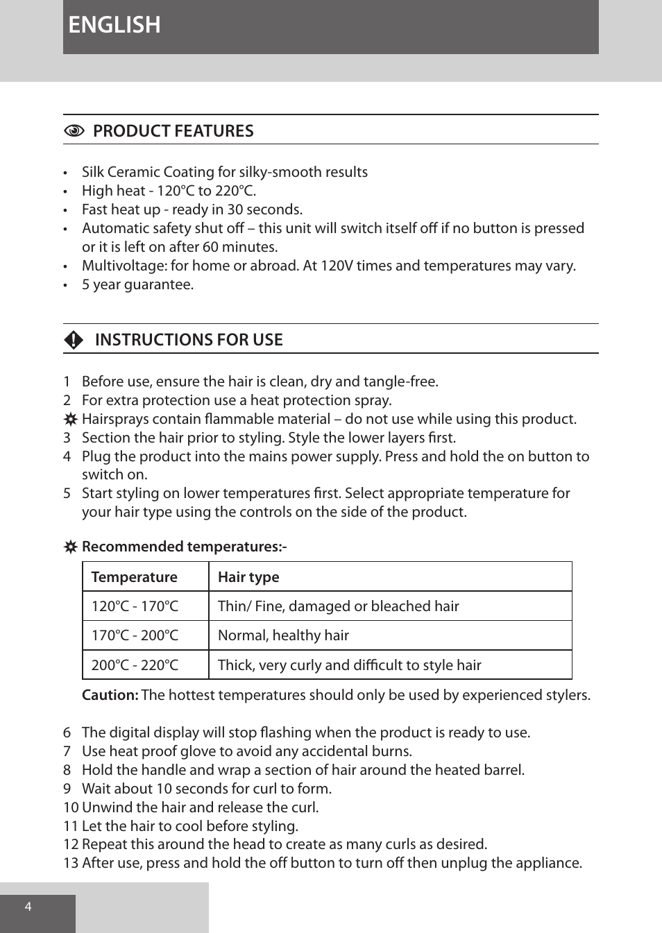 English | Remington CI96W1 User Manual | Page 4 / 68