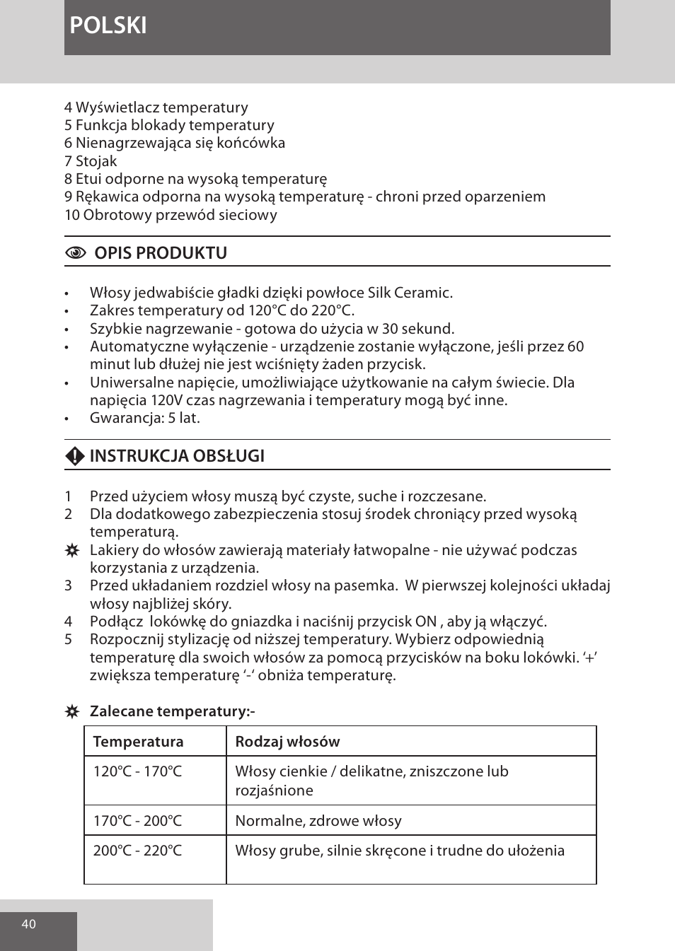 Polski | Remington CI96W1 User Manual | Page 40 / 68