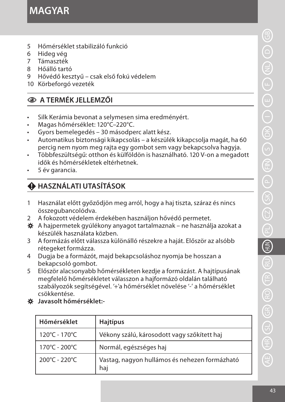 Magyar | Remington CI96W1 User Manual | Page 43 / 68