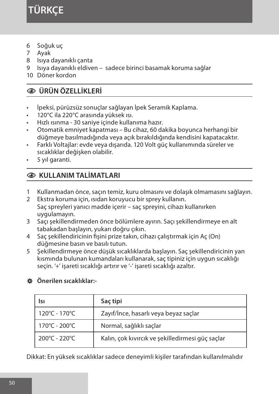 Türkçe | Remington CI96W1 User Manual | Page 50 / 68