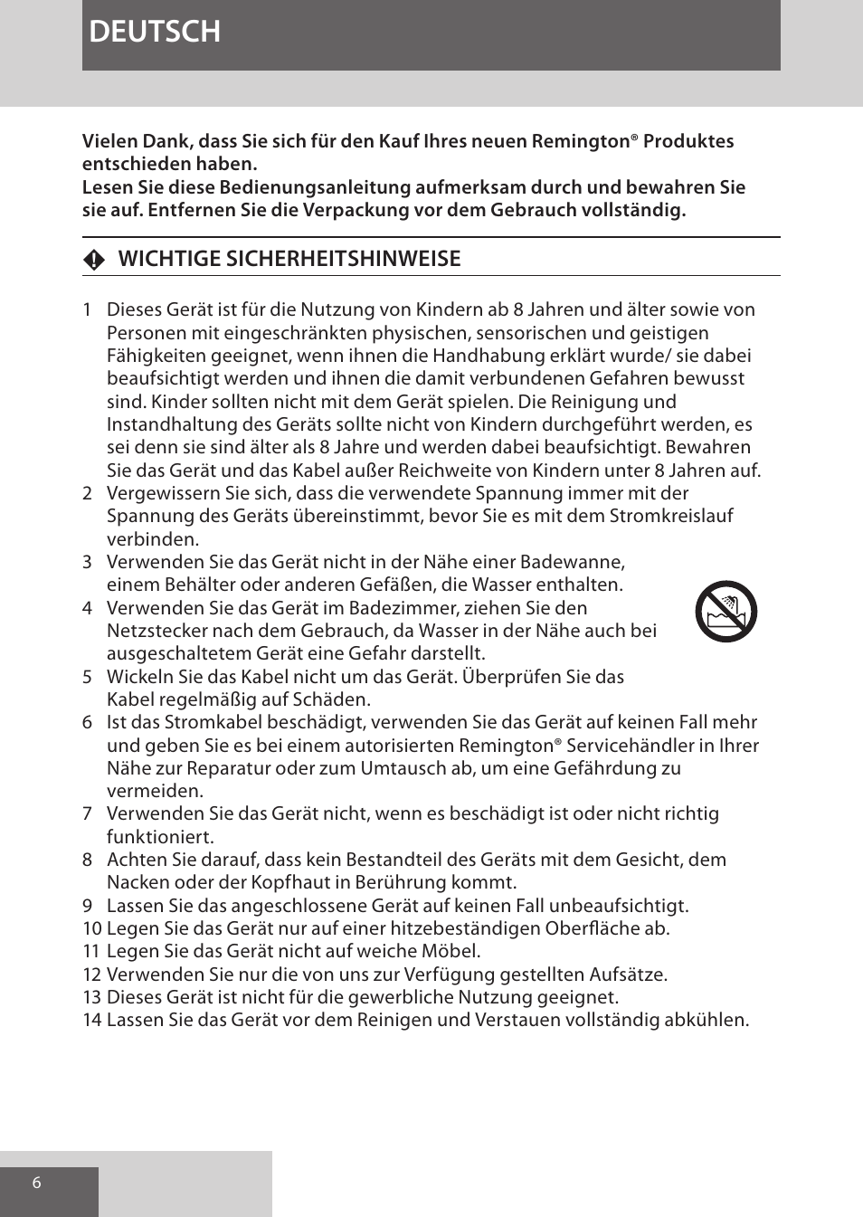 Deutsch, Wichtige sicherheitshinweise | Remington CI96W1 User Manual | Page 6 / 68