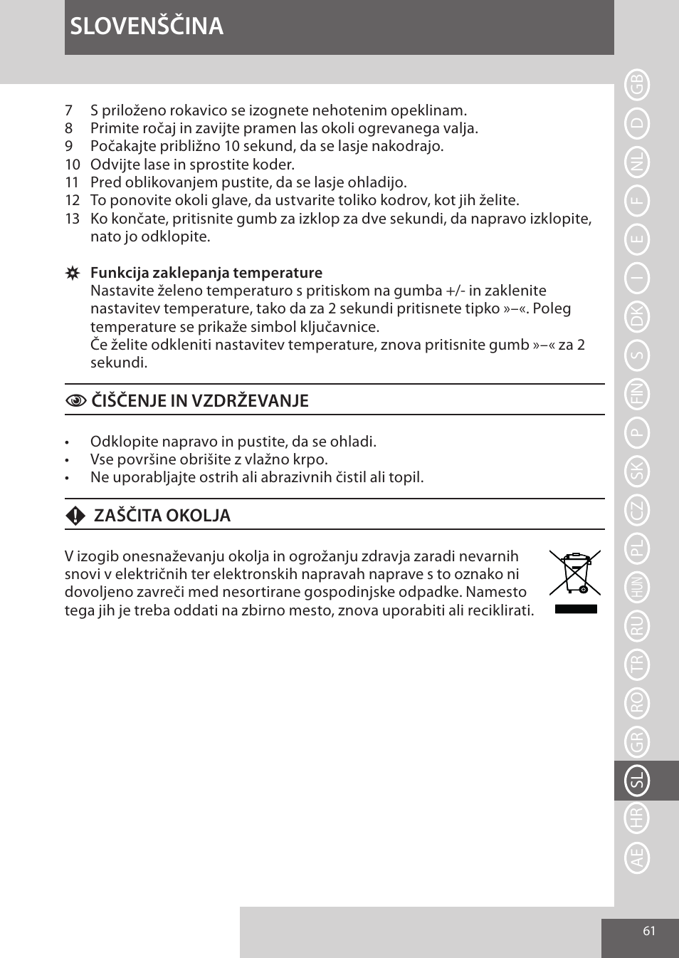 Slovenščina | Remington CI96W1 User Manual | Page 61 / 68