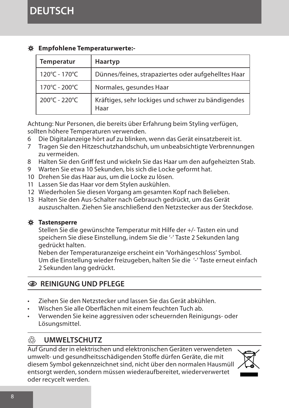 Deutsch | Remington CI96W1 User Manual | Page 8 / 68