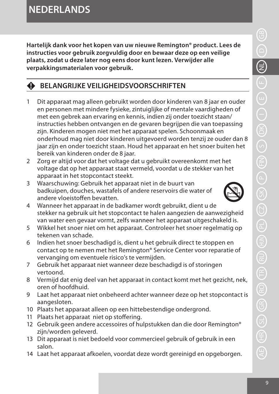 Nederlands | Remington CI96W1 User Manual | Page 9 / 68