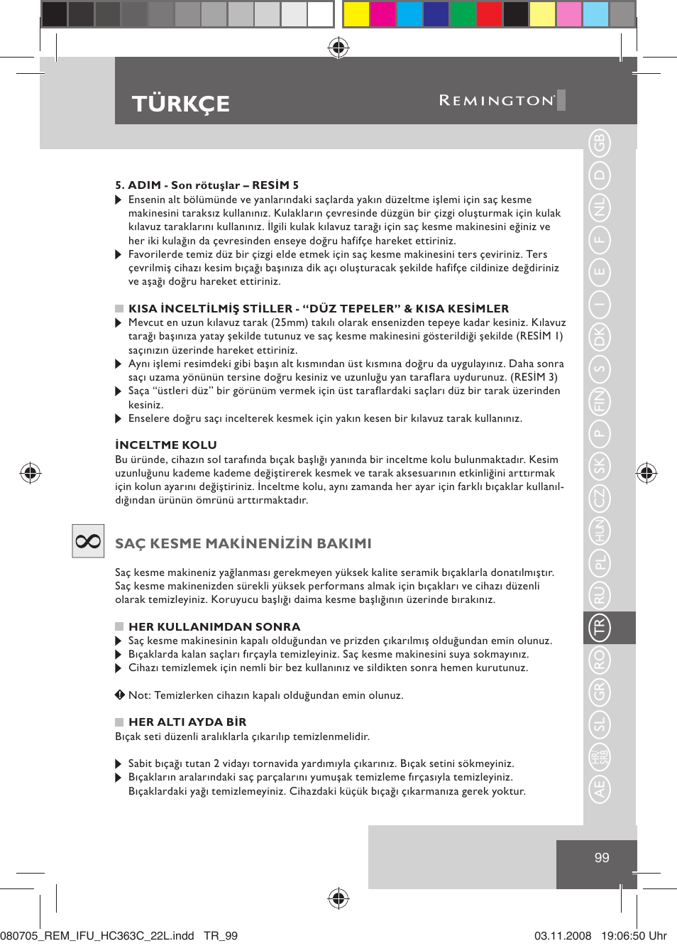 Türkçe | Remington HC363C User Manual | Page 101 / 134