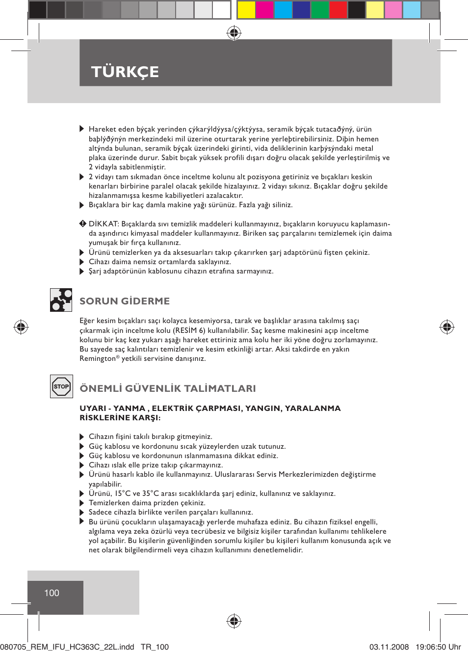 Türkçe | Remington HC363C User Manual | Page 102 / 134