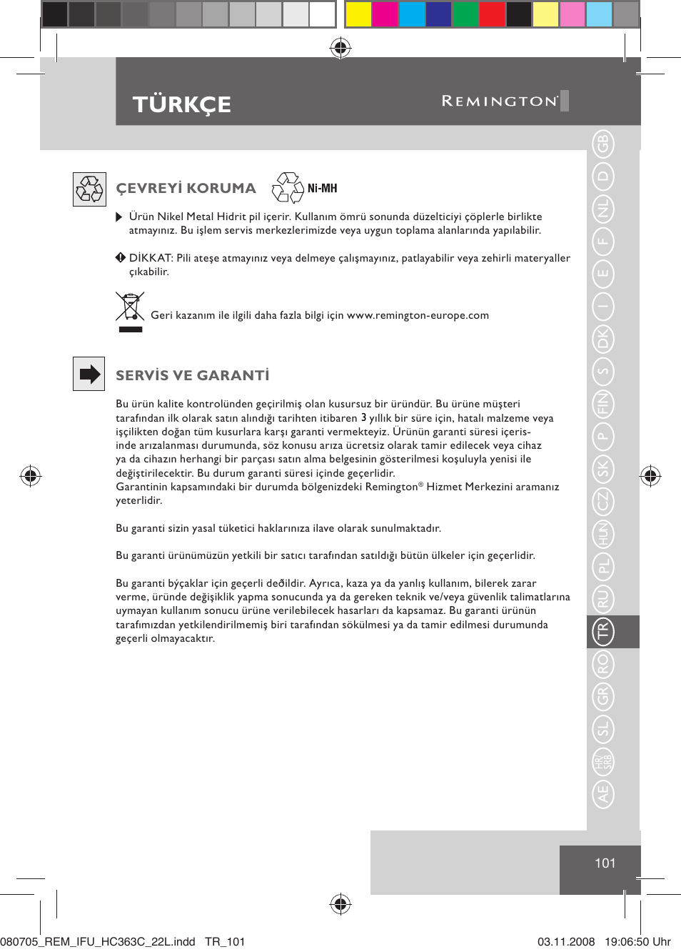 Türkçe | Remington HC363C User Manual | Page 103 / 134