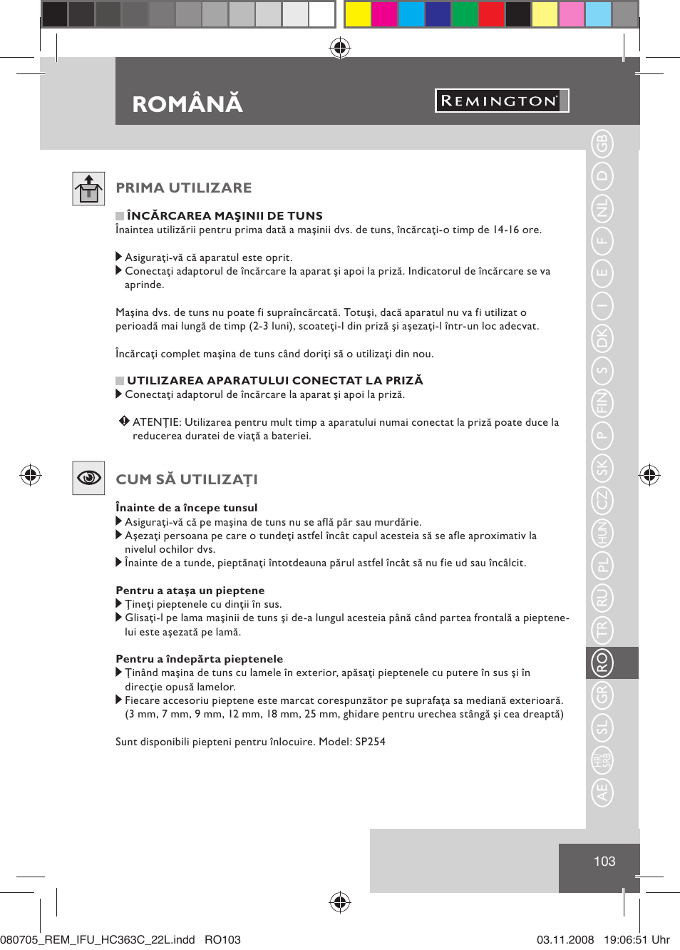 Română | Remington HC363C User Manual | Page 105 / 134