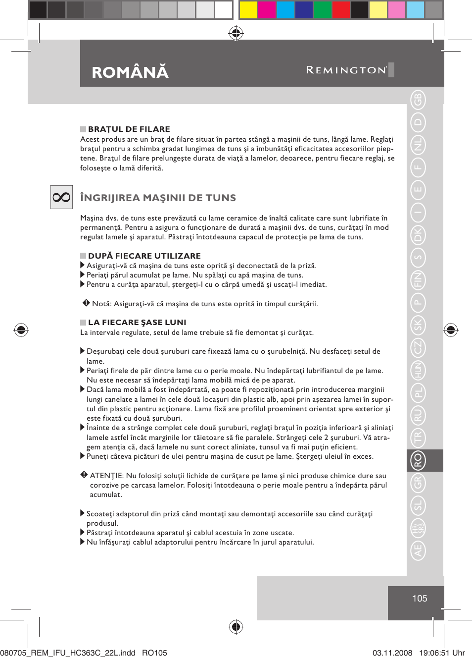 Română | Remington HC363C User Manual | Page 107 / 134