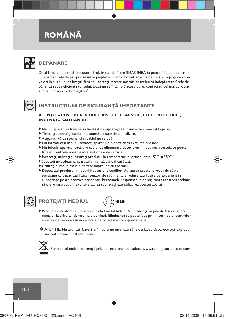 Română | Remington HC363C User Manual | Page 108 / 134