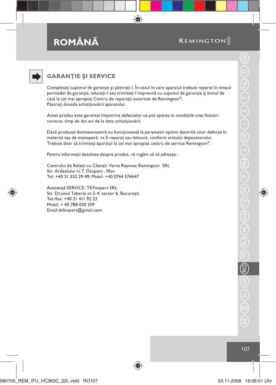 Română | Remington HC363C User Manual | Page 109 / 134