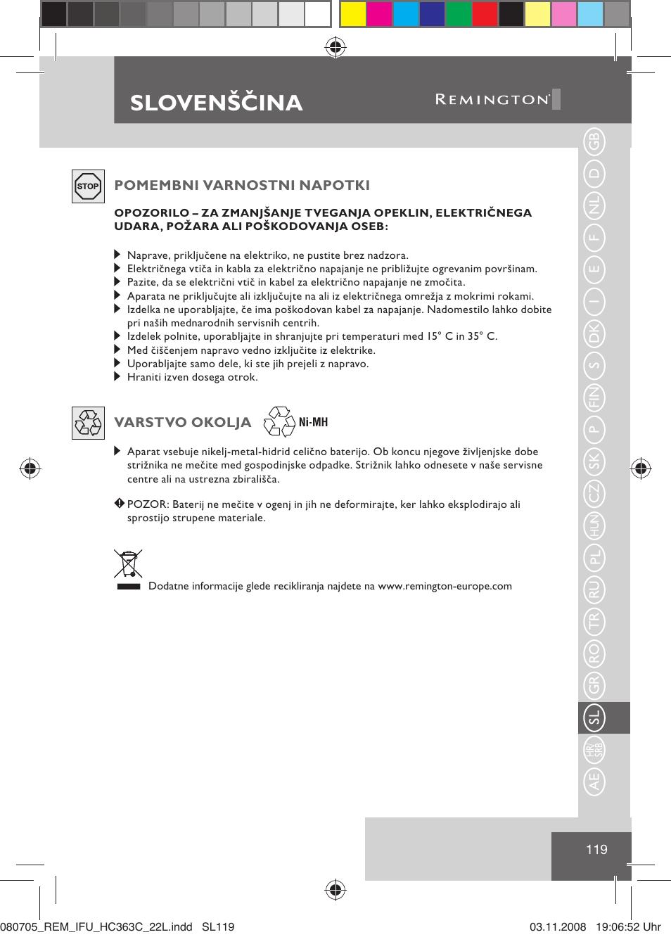 Slovenščina | Remington HC363C User Manual | Page 121 / 134