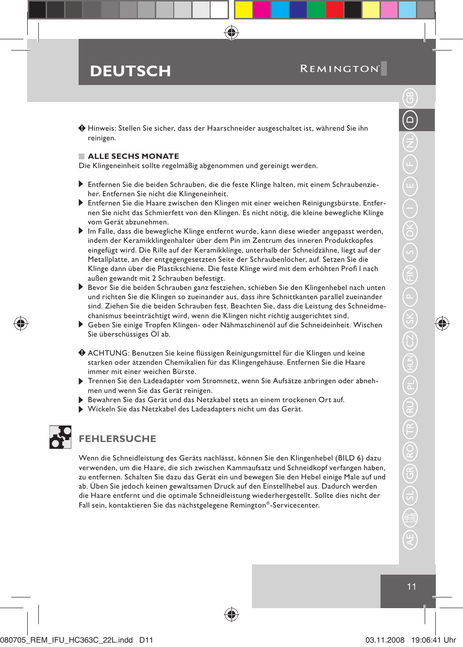 Deutsch | Remington HC363C User Manual | Page 13 / 134