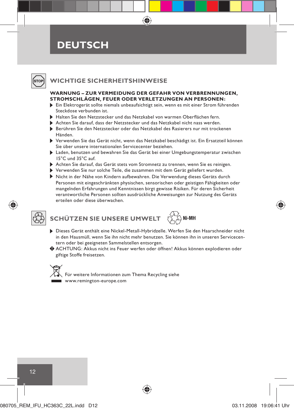 Deutsch | Remington HC363C User Manual | Page 14 / 134