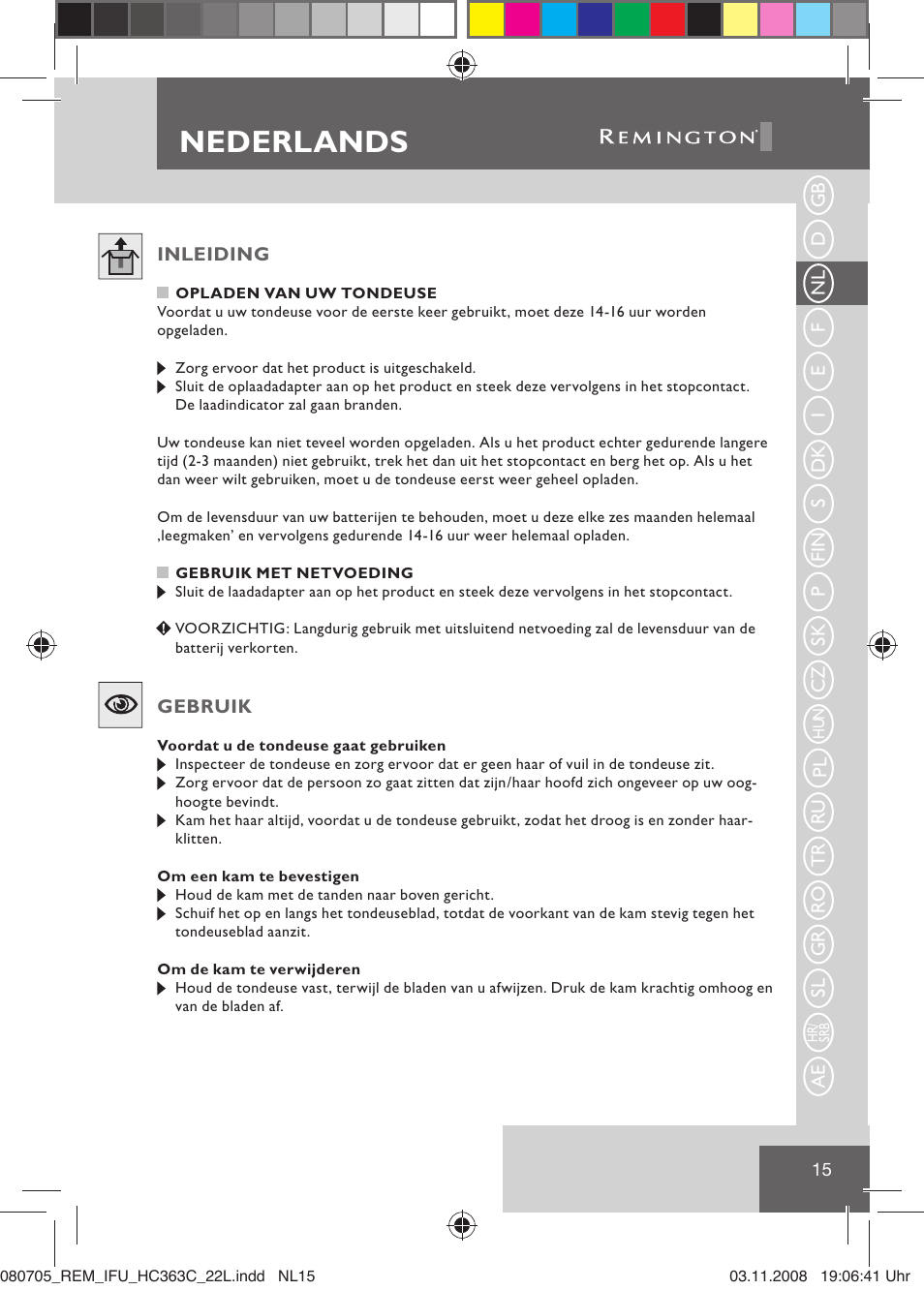 Nederlands | Remington HC363C User Manual | Page 17 / 134