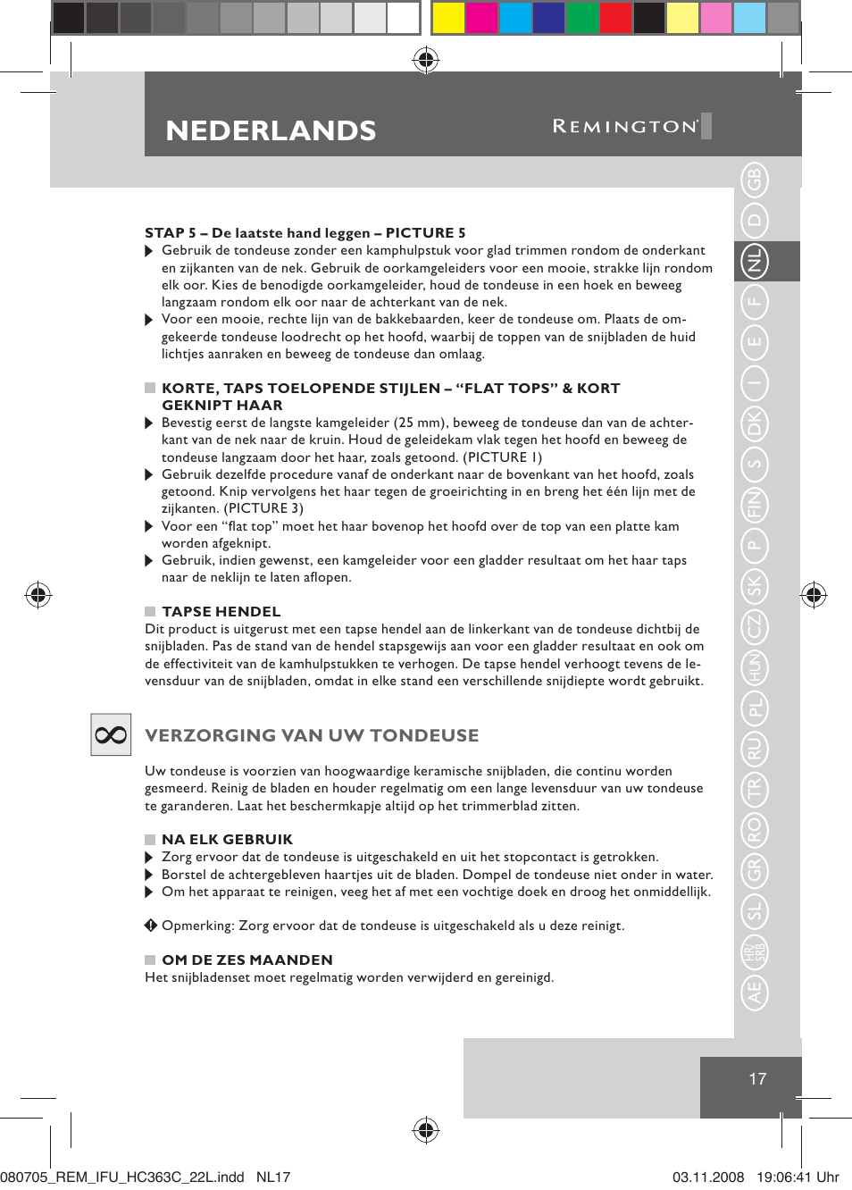 Nederlands | Remington HC363C User Manual | Page 19 / 134