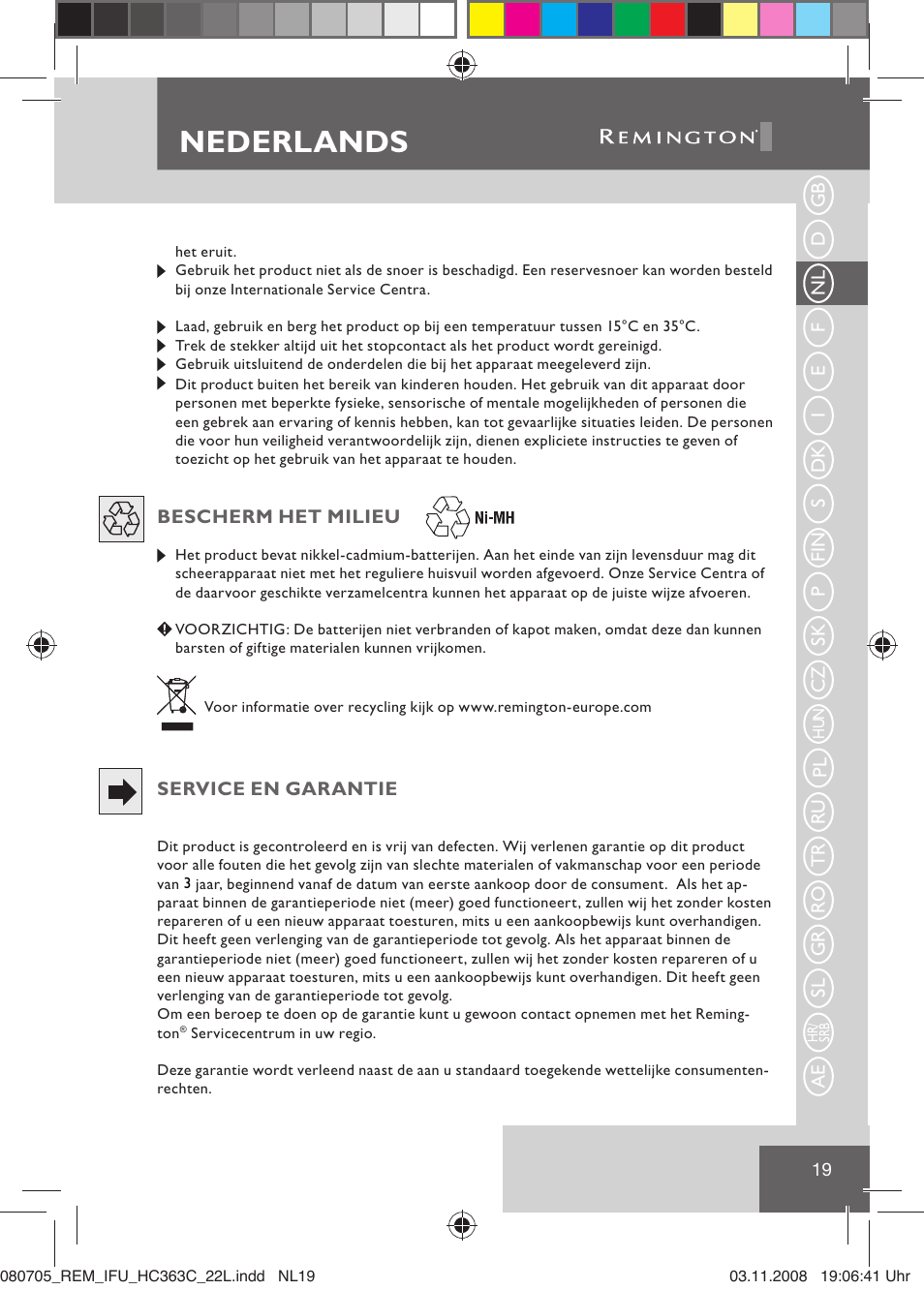 Nederlands | Remington HC363C User Manual | Page 21 / 134