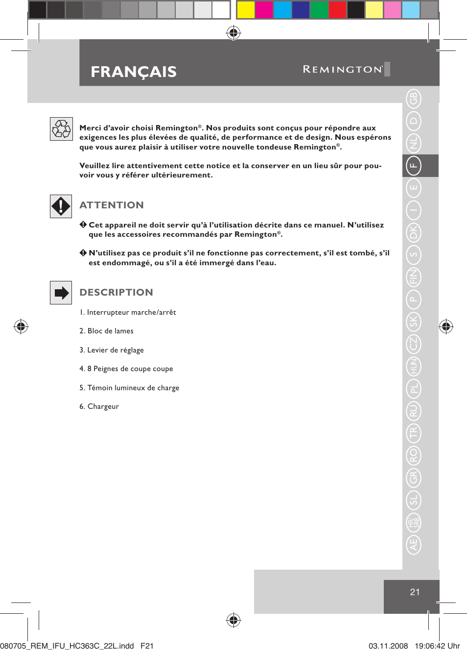 Français | Remington HC363C User Manual | Page 23 / 134