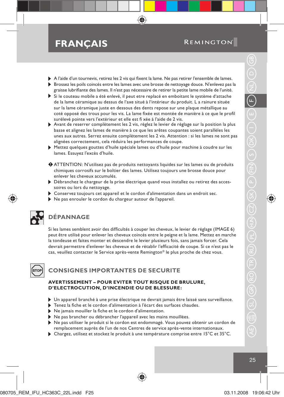 Français | Remington HC363C User Manual | Page 27 / 134