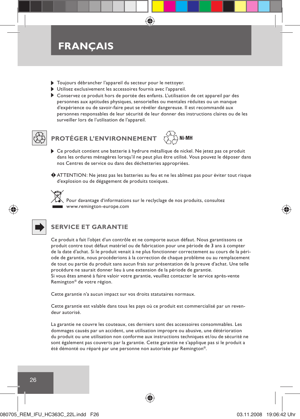 Français, Protéger l’environnement, Service et garantie | Remington HC363C User Manual | Page 28 / 134