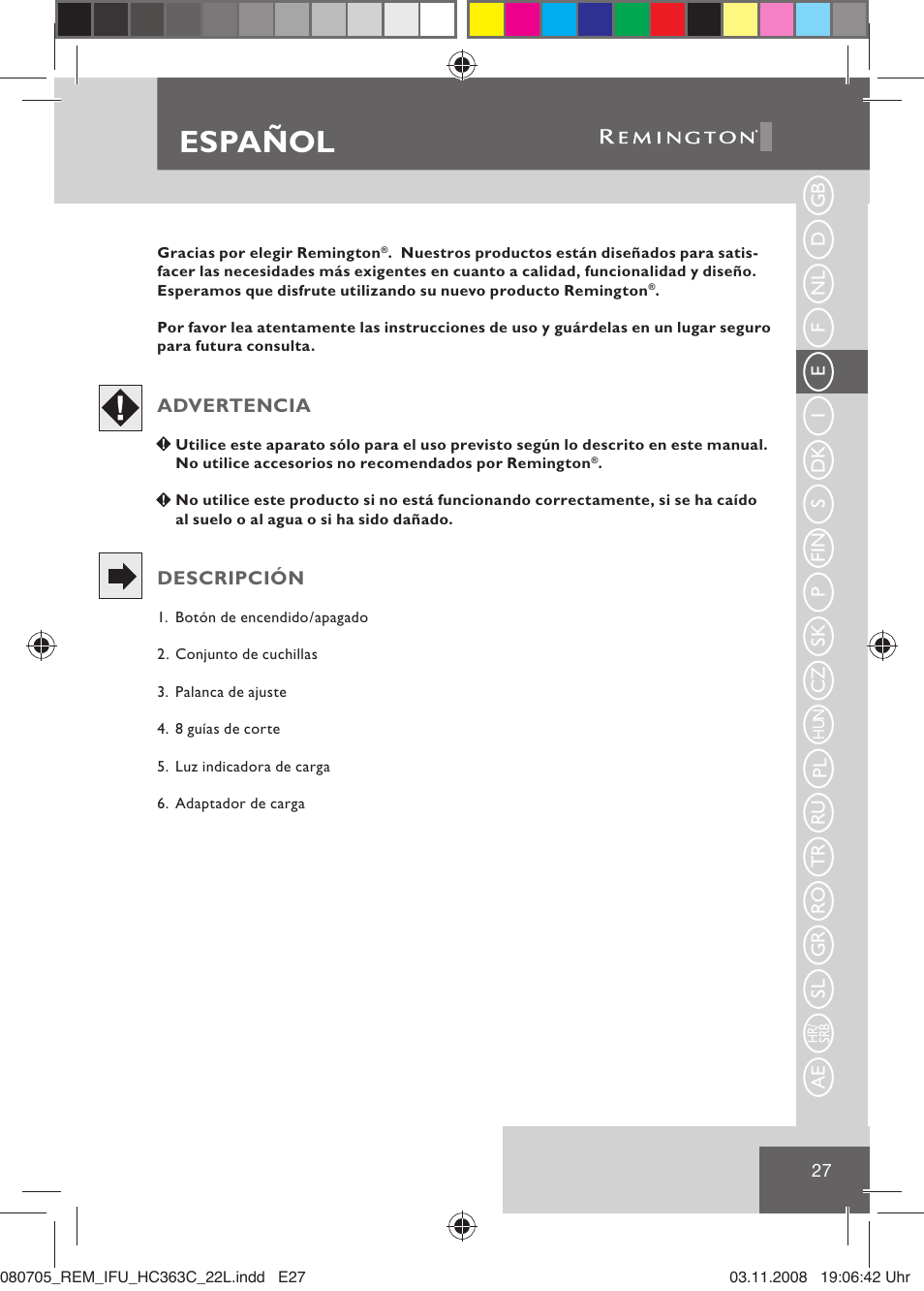 Español | Remington HC363C User Manual | Page 29 / 134