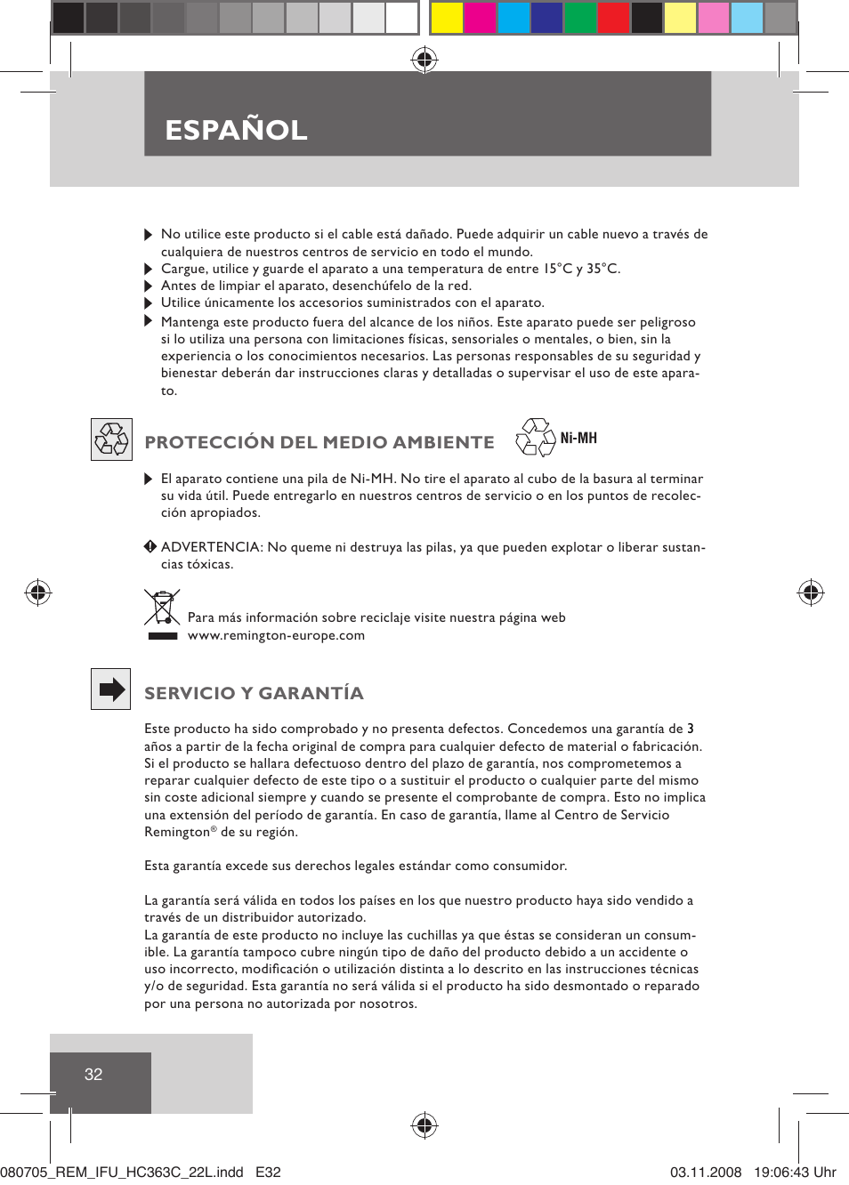 Español | Remington HC363C User Manual | Page 34 / 134