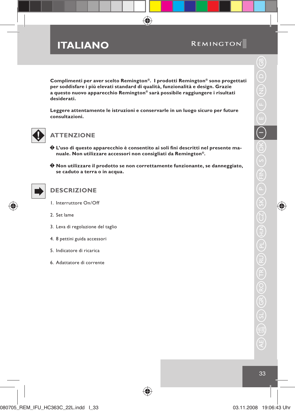 Italiano | Remington HC363C User Manual | Page 35 / 134