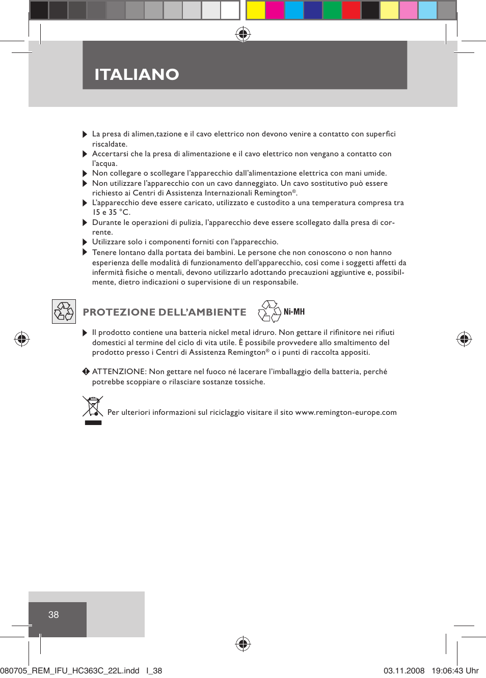 Italiano, Protezione dell’ambiente | Remington HC363C User Manual | Page 40 / 134