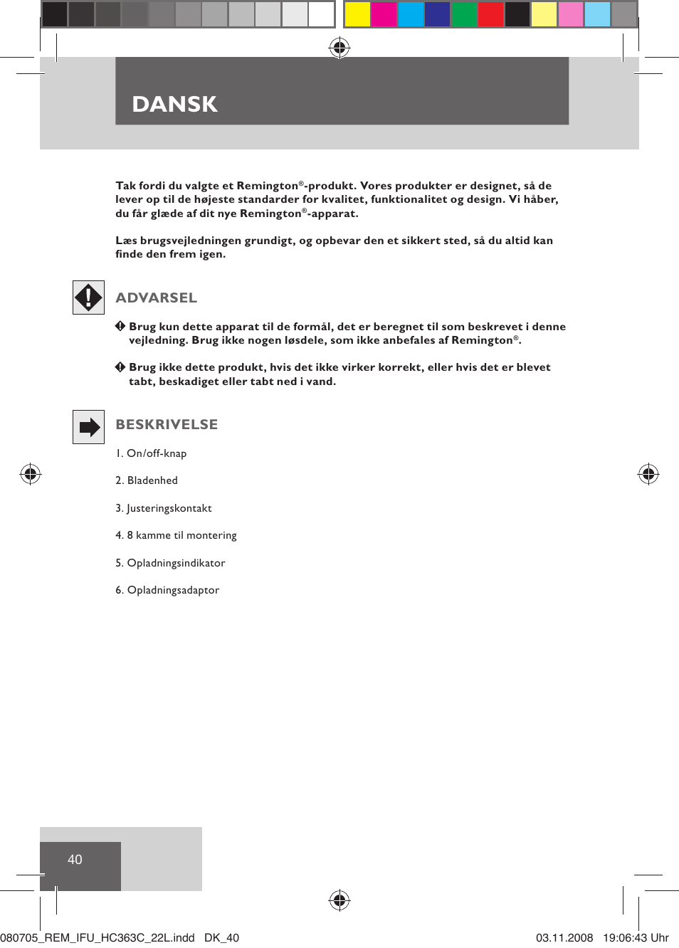Dansk, Advarsel, Beskrivelse | Remington HC363C User Manual | Page 42 / 134
