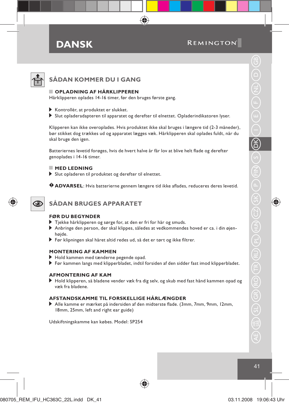 Dansk | Remington HC363C User Manual | Page 43 / 134