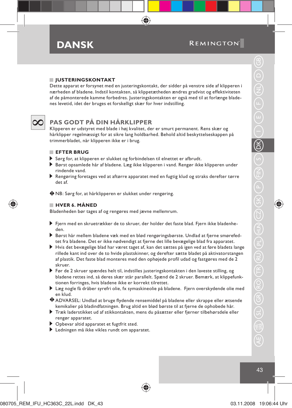 Dansk | Remington HC363C User Manual | Page 45 / 134