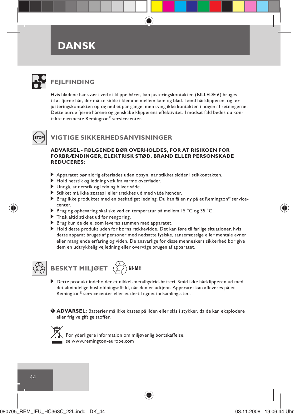 Dansk, Fejlfinding, Vigtige sikkerhedsanvisninger | Beskyt miljøet | Remington HC363C User Manual | Page 46 / 134