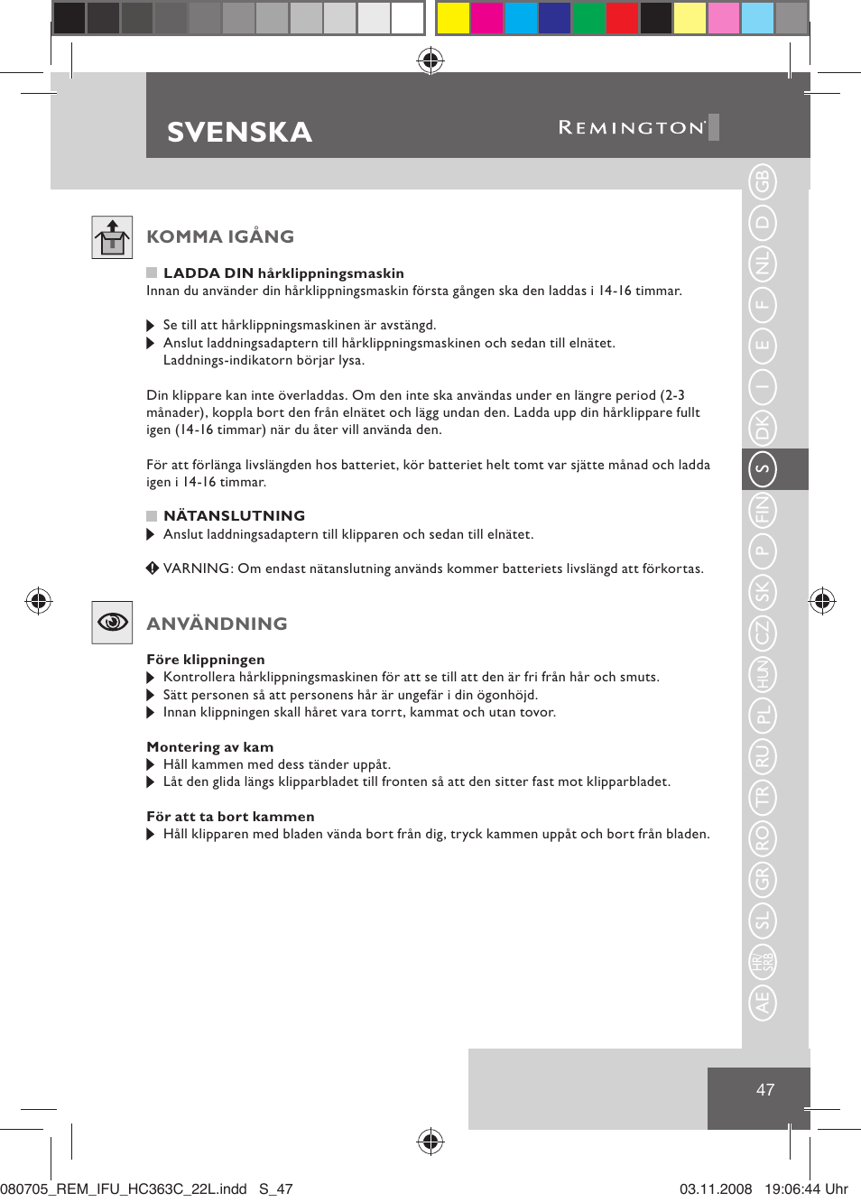 Svenska | Remington HC363C User Manual | Page 49 / 134