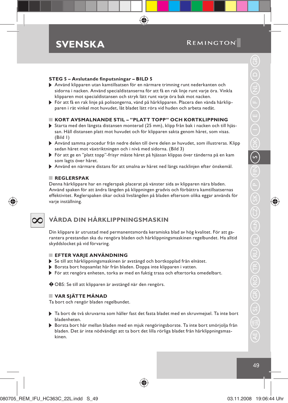 Svenska | Remington HC363C User Manual | Page 51 / 134
