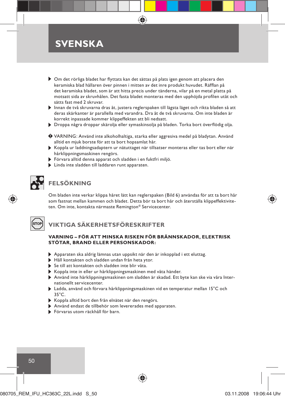 Svenska | Remington HC363C User Manual | Page 52 / 134
