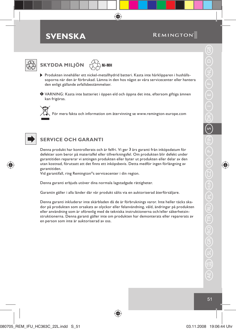Svenska | Remington HC363C User Manual | Page 53 / 134