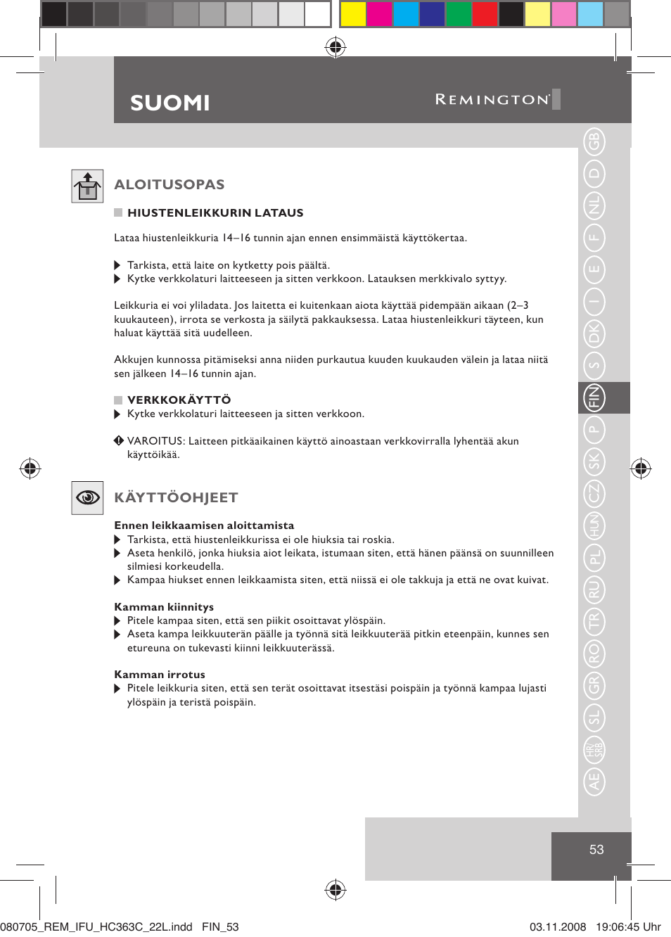 Suomi | Remington HC363C User Manual | Page 55 / 134
