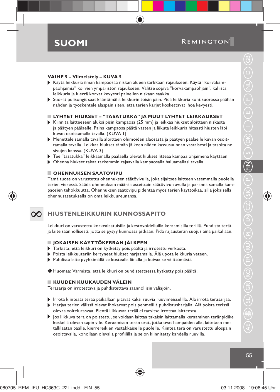 Suomi | Remington HC363C User Manual | Page 57 / 134