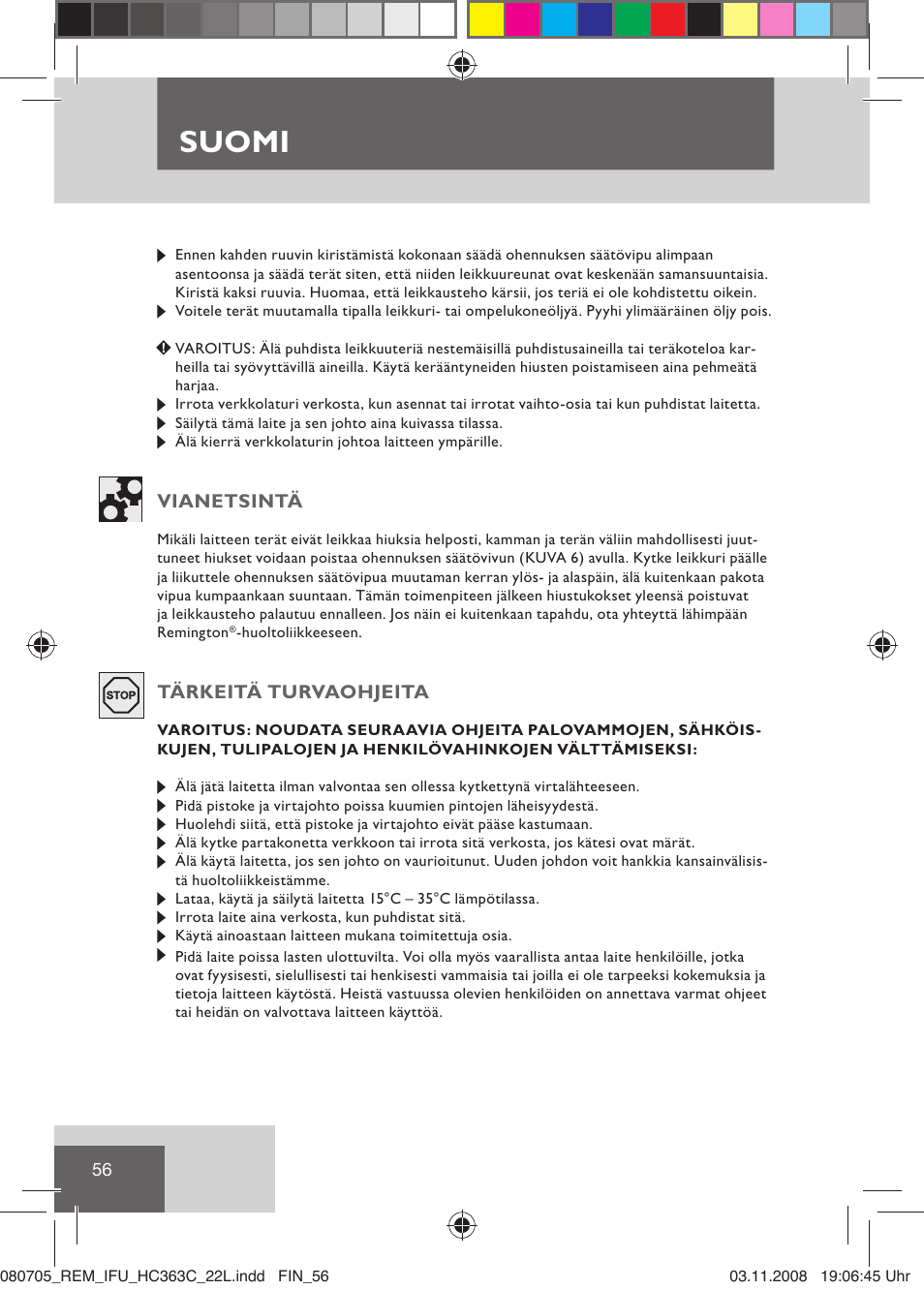 Suomi | Remington HC363C User Manual | Page 58 / 134