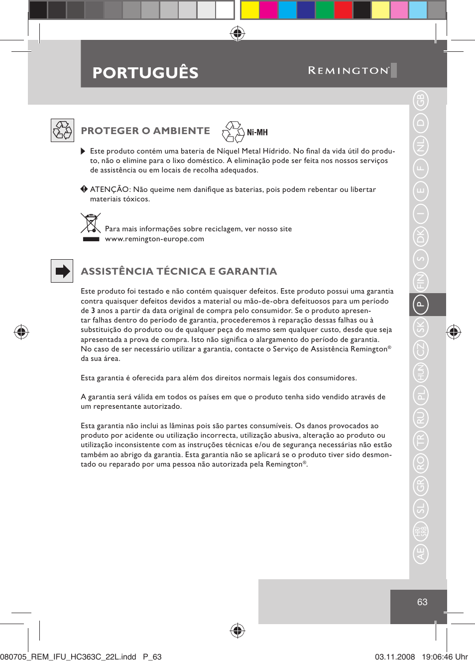 Português | Remington HC363C User Manual | Page 65 / 134